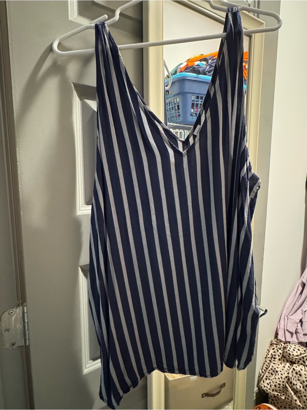 Old Navy Navy and White Vertical Stripe V-Neck Tank Top